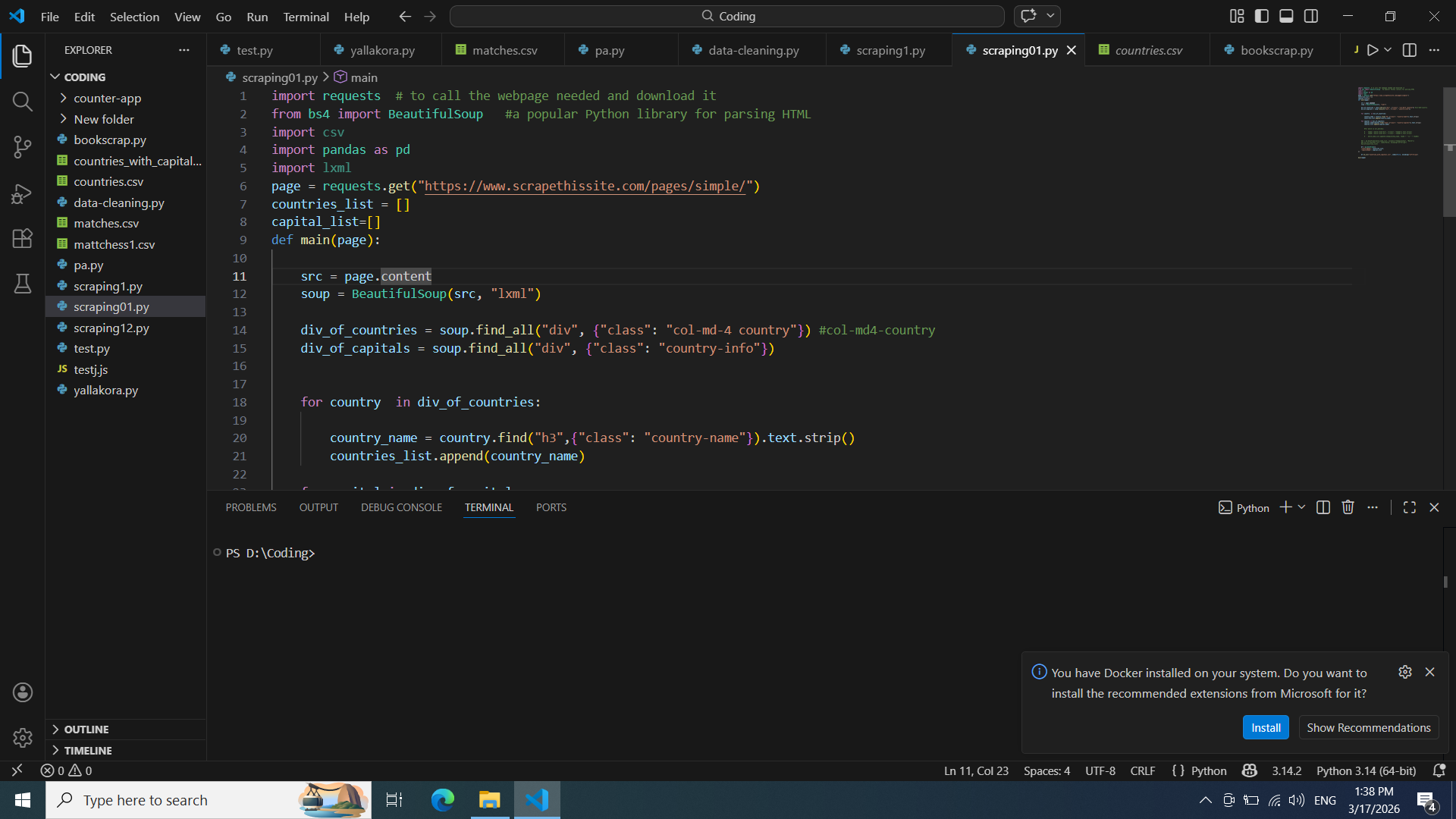 web scraping of world countries names